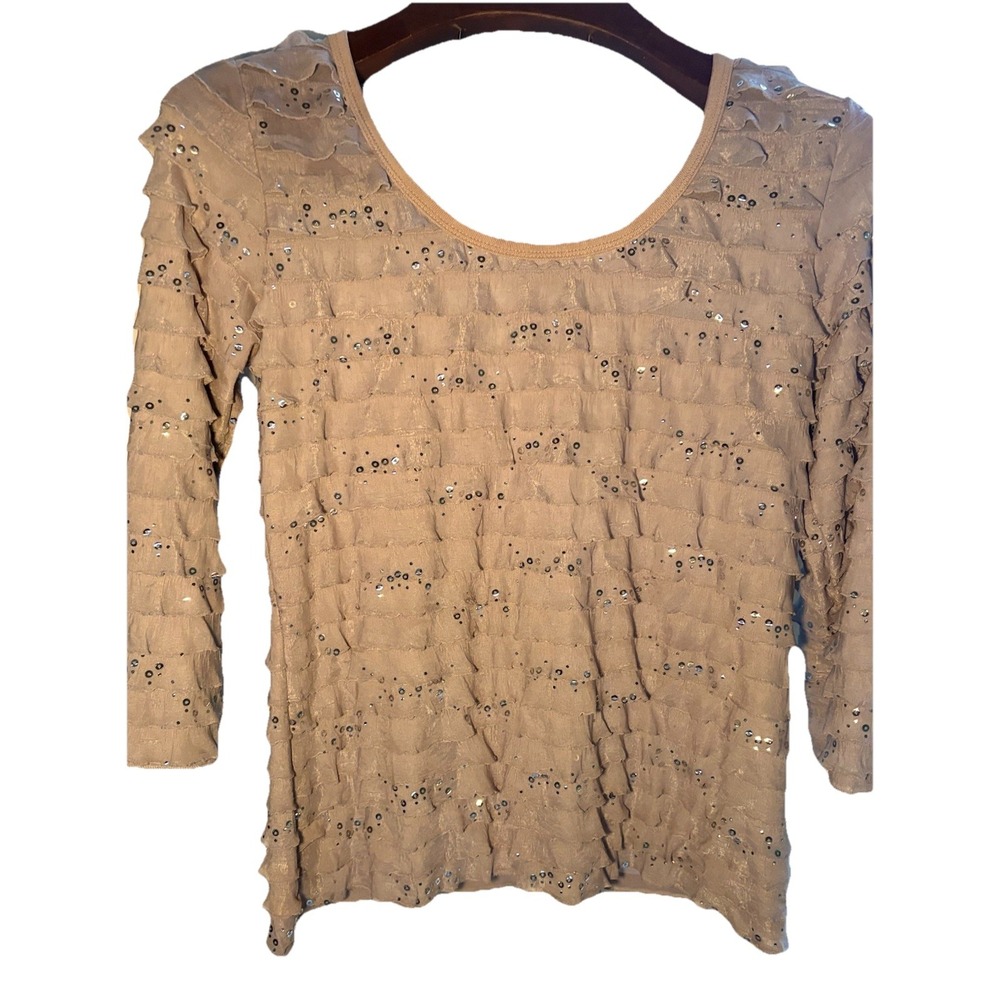 Slinky Brand Large Layered‎ Ruffle Stretch Top Sequins 3/4 Sleeve Embellished